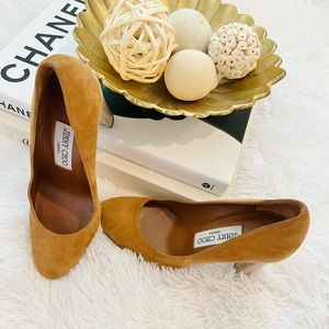 Jimmy Choo Brown Laria Suede Almond Toe Wood Heel Pump